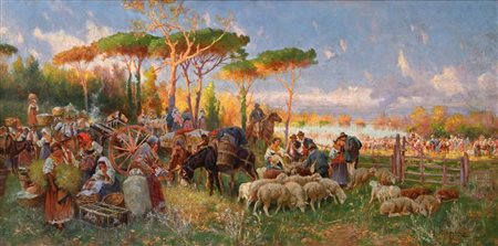 Pietro Barucci (Roma 1845 - Roma 1917) Mercato nella campagna romana Olio su...