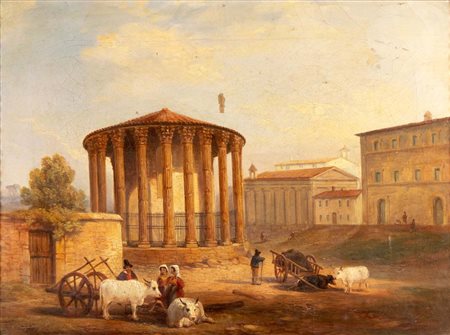 Scuola europea del XIX secolo (0 - 0) Roma, sosta al Foro Boario Olio su tela...