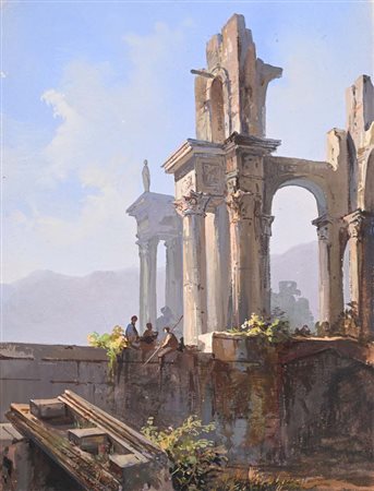 Scuola Italiana del XIX secolo () Figure presso le antiche rovine gouache su...