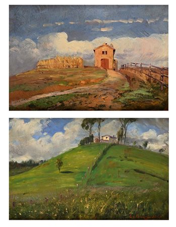 Antonino Calcagnadoro (Rieti 1876 - Roma 1935) Due paesaggi di campagna Oli...