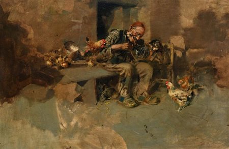 Tito Pellicciotti (Barisciano 1871 - Barisciano 1950) Interno rustico olio su...