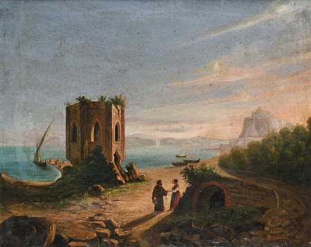 Scuola di Posillipo (0 - 0) "Baia, il tempio di Nettuno" Olio su tela cm 47 x...