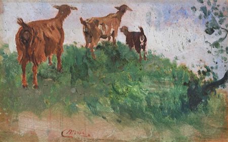 Camillo Miola (Napoli 1840 - Napoli 1919) Le caprette olio su tavola cm 12 x...
