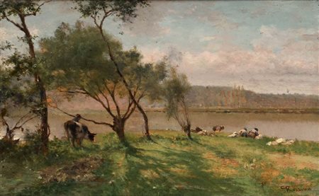 Federico Rossano (Napoli 1835 - Napoli 1912) "Bords de l'Oise, Auvers" Olio...