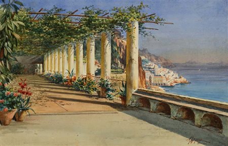 Gaetano Capone (Maiori 1845 - Maiori 1924) Terrazza a Maiori Acquerello su...