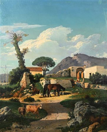 Nicola Palizzi (Vasto 1820 - Napoli 1870) Dintorni di Napoli olio su tela cm...