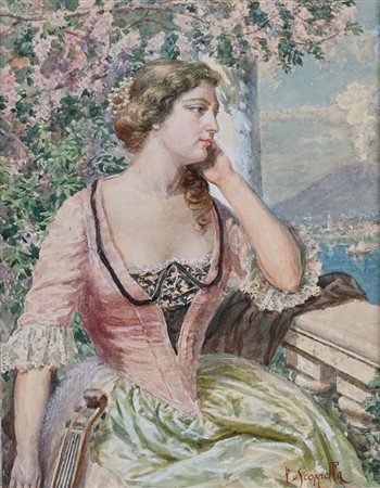 Pietro Scoppetta (Amalfi 1863 - Napoli 1920) Giovane signora in terrazza...
