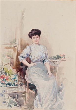 Pietro Scoppetta (Amalfi 1863 - Napoli 1920) "La sorella Rosa" acquerello su...