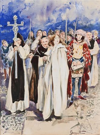 Pietro Scoppetta (Amalfi 1863 - Napoli 1920) Processione tecnica mista su...