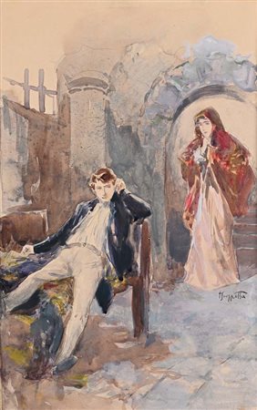 Pietro Scoppetta (Amalfi 1863 - Napoli 1920) L'incontro matita e acquerello...