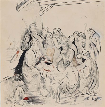 Pietro Scoppetta (Amalfi 1863 - Napoli 1920) Natività china e acquerello su...