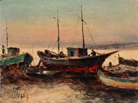 Valentino White (Positano 1909 - Ravello 1985) Barca in secca Olio su cartone...