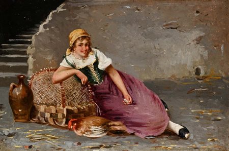 Scuola Napoletana degli inizi XX secolo (0 - 0) Giovane contadina con gallina...