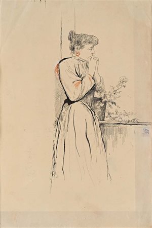 Pietro Scoppetta (Amalfi 1863 - Napoli 1920) Giovane donna in terrazza china...