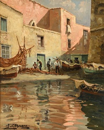 Leon Giuseppe Buono (Pozzuoli 1888 - Pozzuoli 1976) Barche e pescatori presso...