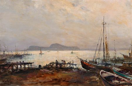 Valentino White (Positano 1909 - Ravello 1985) Pescatori e barche a riva con...