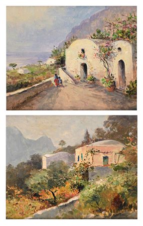 Valentino White (Positano 1909 - Ravello 1985) Due vedute di Capri (I) oli su...