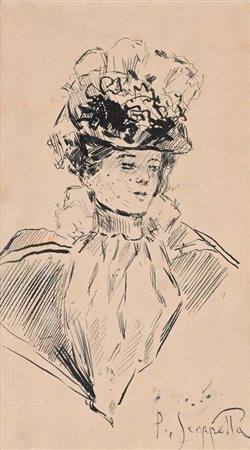 Pietro Scoppetta (Amalfi 1863 - Napoli 1920) Ritratto di donna con cappello e...