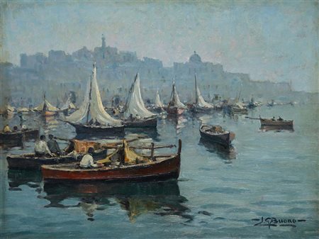 Leon Giuseppe Buono (Pozzuoli 1888 - Pozzuoli 1976) "Mattino sul mare" Olio...