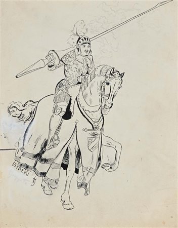 Pietro Scoppetta (Amalfi 1863 - Napoli 1920) Cavaliere alla giostra matita e...