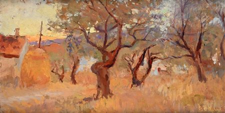 Guido Di Renzo (Chieti 1886 - Napoli 1956) Ulivi e covoni Olio su cartone cm...