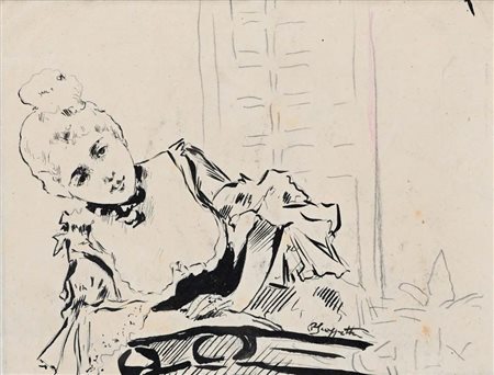 Pietro Scoppetta (Amalfi 1863 - Napoli 1920) Giovane donna al balcone matita...