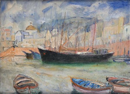 Alberto Chiancone (Porto S.Stefano 1904 - Napoli 1988) Veliero in rada Olio...