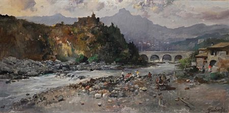 Felice Giordano (Napoli 1880 - Capri 1964) Scena di vita nei pressi di un...