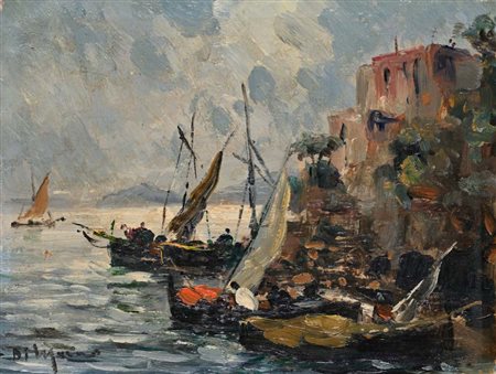 Francesco Di Marino (Napoli 1892 - Napoli 1954) Approdo di barche nel golfo...