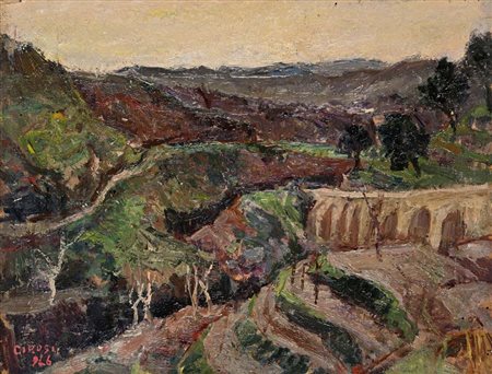 Franco Girosi (Napoli 1896 - Napoli 1987) Paesaggio collinare Olio su legno...