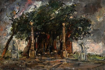 Guido Casciaro (Napoli 1900 - Napoli 1963) Alberi e statue in una villa Olio...