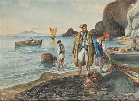 Giuseppe Scognamiglio (Portici 1901 - Napoli 1985) Pescatori a riva con reti...