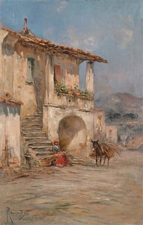 Oscar Ricciardi (Napoli 1864 - Napoli 1935) Amalfi, contadina ed un asino al...