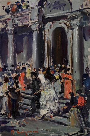 Roberto Carignani (Napoli 1894 - Napoli 1975) L'uscita dalla chiesa olio su...
