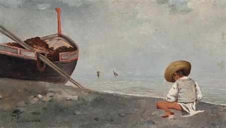 Francesco Lojacono (Palermo 1838 - Palermo 1915) Bimbo sulla spiaggia con una...