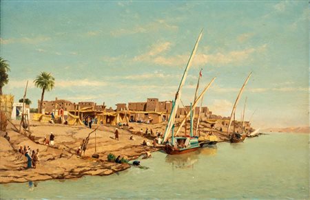 Jean-Baptiste Van Moer (Bruxelles 1819 - Ixelles 1884) Villaggio sulle rive...