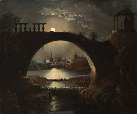 Scuola europea del XIX secolo (0 - 0) Paesaggio notturno con cascatelle ed...