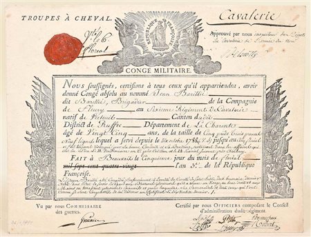 Congé militare con sigillo – Jean Barillié, Cavalleria francese, 1795 Congé...