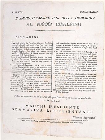 Repubblica Cisalpina – Proclama “Al Popolo Cisalpino”, Milano, 1797 Proclama...