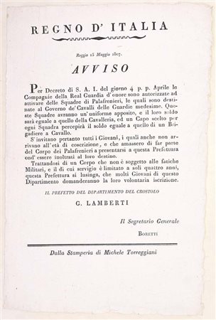 Regno d’Italia – Avviso per i Palafrenieri della Guardia d’Onore, Reggio,...