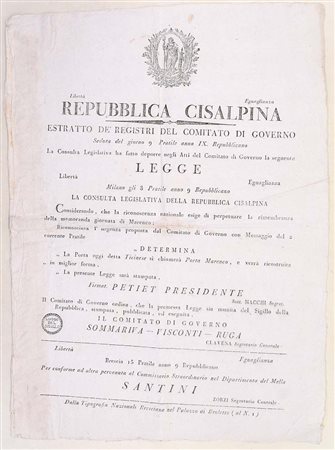Repubblica Cisalpina – Legge per la Porta Marengo, Brescia, 1801 Repubblica...