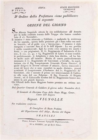 Armata d’Italia – Ordine del giorno dopo Caldiero, 1813 Proclama a stampa...