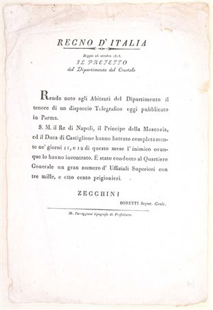 Regno d’Italia – Avviso su vittorie militari, Reggio, 1813 Proclama a stampa...