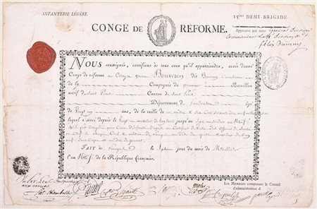 Congé de réforme con sigillo – carabiniere Bouveron, fanteria leggera, 1801...