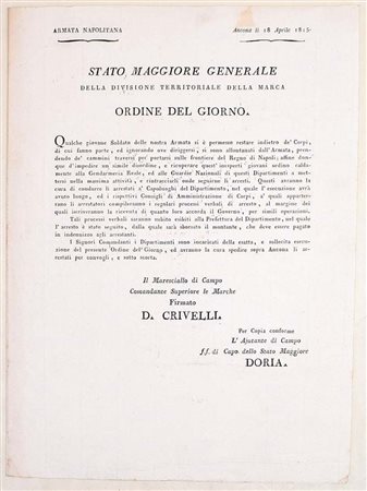 Armata Napoletana – Ordine del giorno disciplinare, Ancona, 1815 Proclama a...