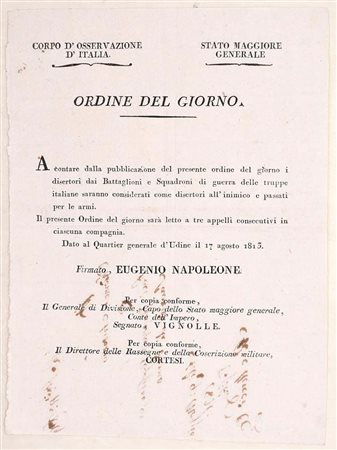 Regno d’Italia – ordine del giorno contro i disertori, Udine, 1813 Ordine del...
