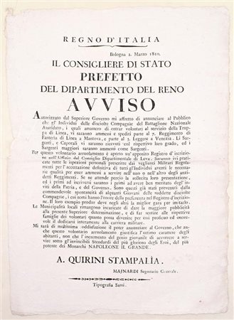 Regno d’Italia – avviso di arruolamento volontario, Bologna, 1810 Proclama a...