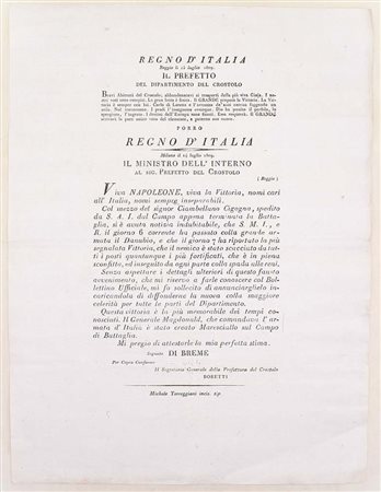 Proclama e lettera del Ministro dell’Interno Di Breme sulla vittoria...