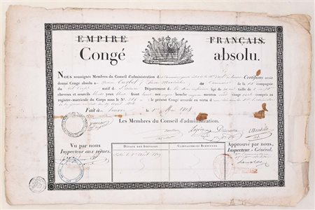 Congé absolu rilasciato a militare francese, Francia, 1814 Documento militare...