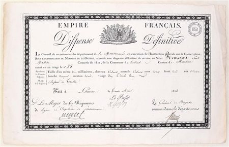 Dispense définitive de service militare, Impero Francese, Livorno, 30 aprile...